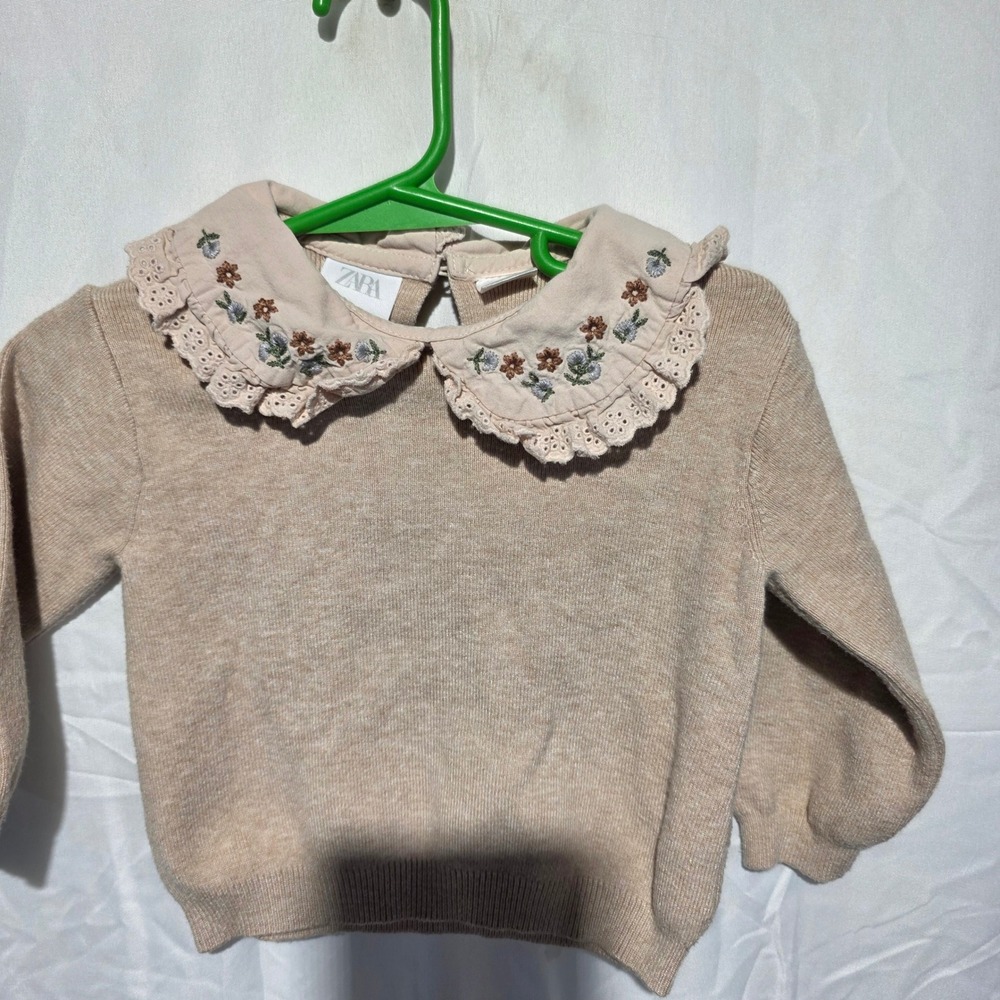 Zara Kids Beige Knit Sweater Floral Embroidered Lace Collar Size 2 Years 92cm